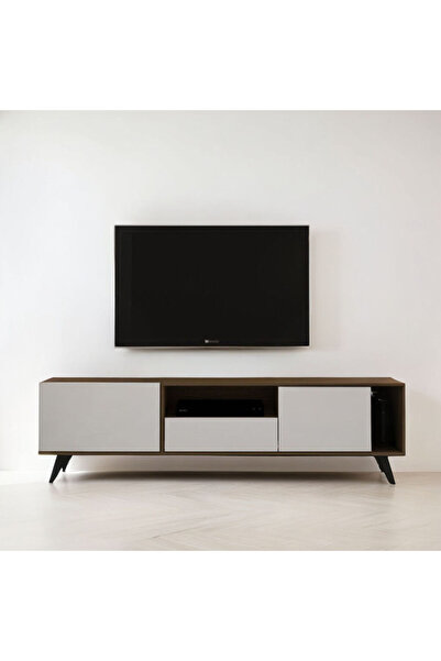 Generic طاولة تلفاز خشبية مستطيلة، صناعة ماليزية، ١٧٩ سم، أدراج تخزين من مستويين - بني وأبيض