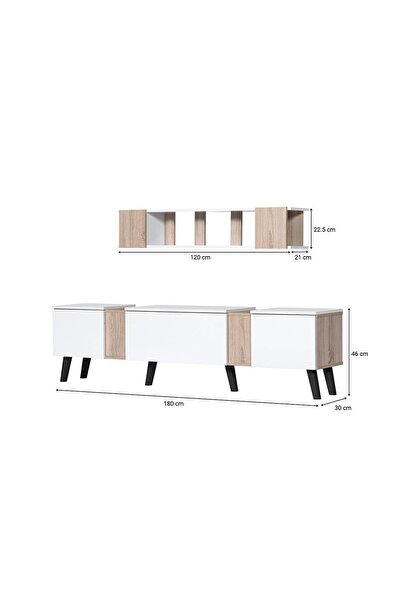 Generic Wooden TV Table with 3 Drawers and Wall Shelves - 180 cm, White and Light Brown