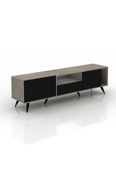 Generic Rectangular TV Table with Fixed Base 179 cm, Shelves and Drawers - Gray & Black