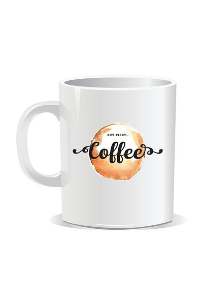 OEM Personalized mug with messages for coffee lovers, But first coffee, 330ml, white interior