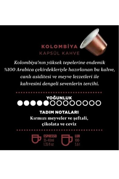Kahve Dünyası Kolombiya Kapsül Kahve 10’lu Kutu | Tüm Kapsül Kahve Makineleriyle Uyumlu | 100% Arabica