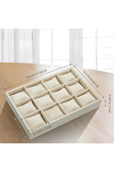 Jewelbox Süet Kumaş Krem Renk 34x24 cm 12 Yastıklı Çekmece İçi Saat ve Takı Kutusu
