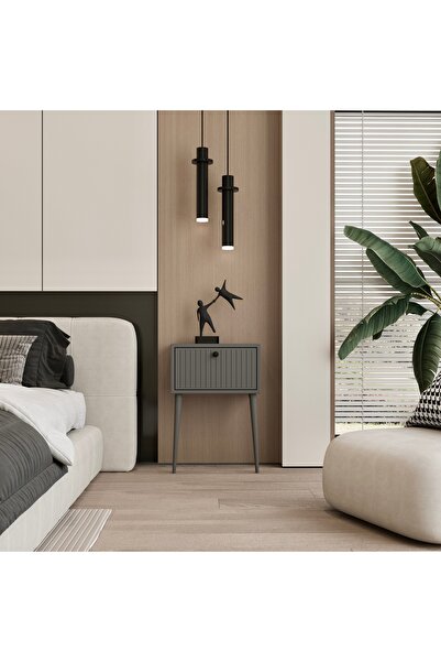 enwood CANOPUS MDF GRİ AHŞAP AYAKLI TEK KAPAKLI KOMODİN