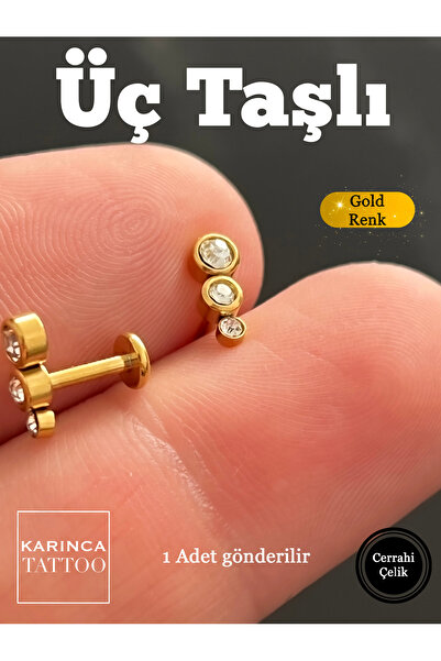 Karınca Piercing Elit Üç Taşlı Altın Rengi Forward Helix Flat Kulak Tragus Pi...
