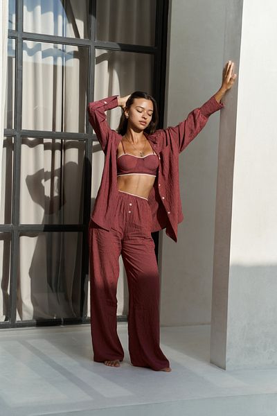 MAİ COLLECTİON Melia Lace Detail Claret Red Triple Set