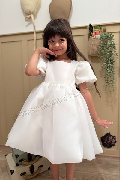 penu baby kids Λευκή φούστα Carolin με μπαλόνι με μπαλόνι μανίκια με κορδέλα για κορίτσια Παιδικό φόρεμα για κοριτσάκι