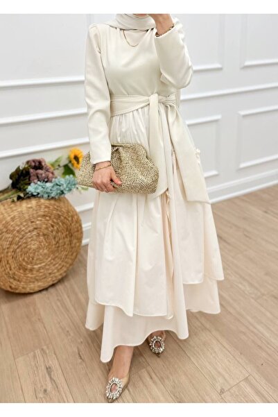 DEMET IRMAK Poplin - Krep Asimetrik Kemerli Balon Elbise