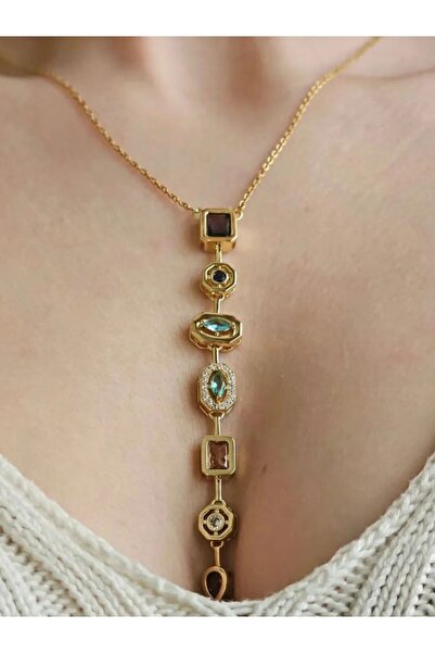 VerdeHome Renkli Taş Modeli Çelik Y Kolye–Paslanmaz Çelik | Renkli Taşlı Kadı...