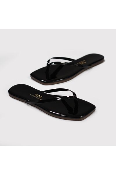 Tkees Papuci de damă din piele lăcuită neagră cu vârf pătrat