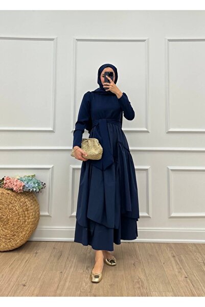 DEMET IRMAK Poplin - Krep Asimetrik Kemerli Balon Elbise