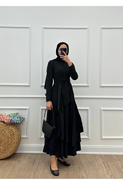 DEMET IRMAK Poplin - Krep Asimetrik Kemerli Balon Elbise