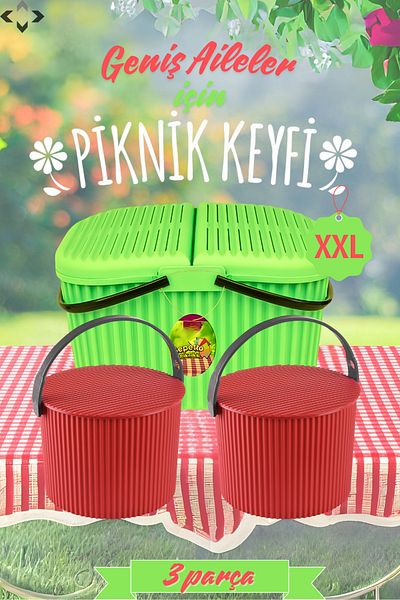 LİGROUND Green XXL Picnic Basket - For Large Families, 3 Piece Set