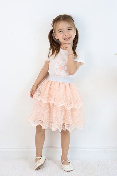 ESİLA KİDS Girls' Suit Floral Embroidery T-Shirt and Layered Lace Skirt