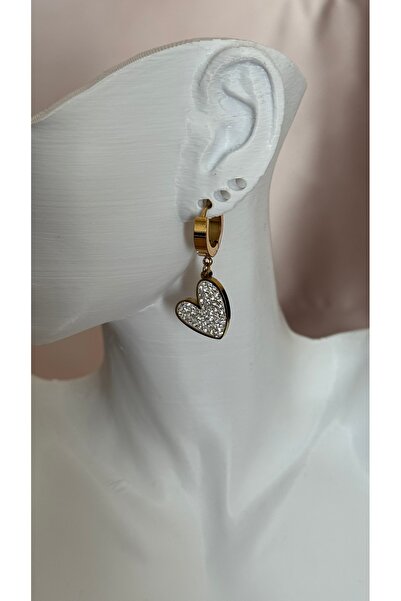 NİSDUAS Taşlı Gold Sallantılı Kalpli Küpe