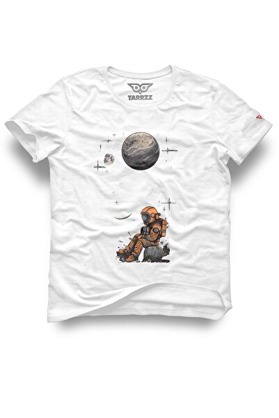 Tarrzzcom تي شيرت بتصميم للجنسين، رائد فضاء يجلس على كوكب كوكب، مصنوع من القط...