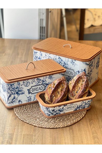 ROSSEV Blue 3-Piece Wooden Bread Pot Potato & Onion Storage Container