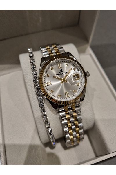 Daniel Klein Yellow Metallic Steel Bracelet Calendar Women's Wrist Watch+Gift Bracelet