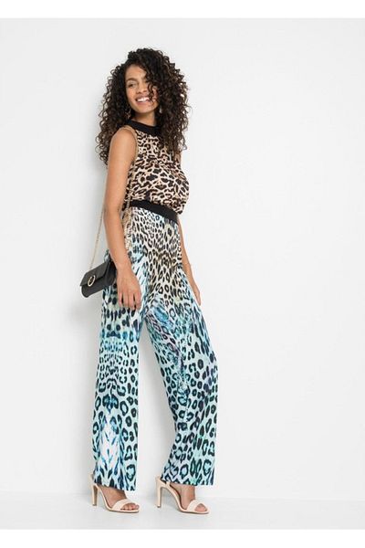 Şans Women's Plus Size Colorful Halter Neck Wide Leg Jumpsuit 65n33573