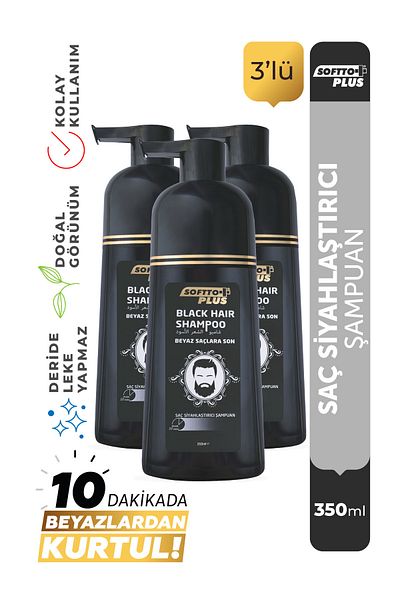Softto Plus Black Hair Natural Looking Hair Blackening Instantly Effective White Concealer Shampoo 3X350Ml