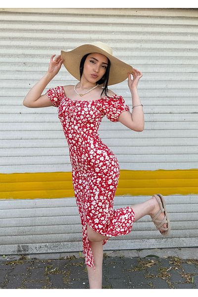 EnterStore Rochie de vară cu model de pepene verde cu mâneci și detaliu de fante