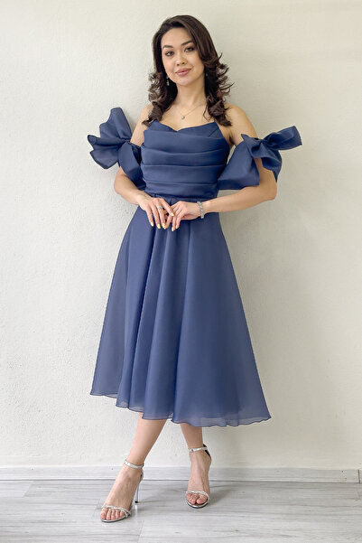 the ZKS Kadın Drapeli Boyundan Bağlamalı Fiyonk Kol Detay Kısa Abiye Elbise B...