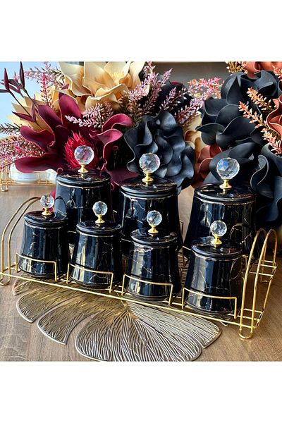 ROSSEV 7-Piece Black Marble Spice Rack Set with Stand