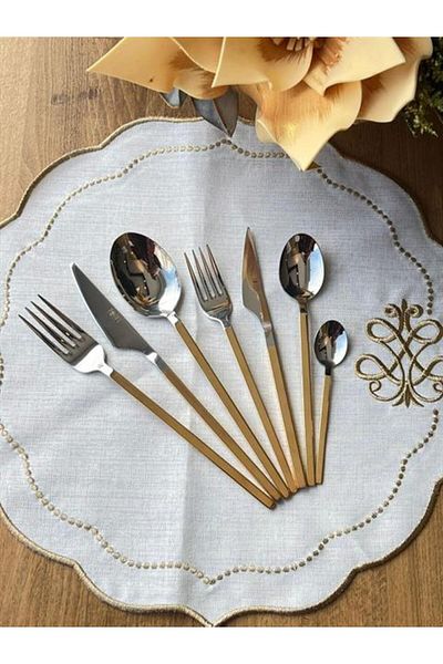 ROSSEV Carre 24k 42 Piece Decorated Gold Plated Set - Cutlery Set Çkb