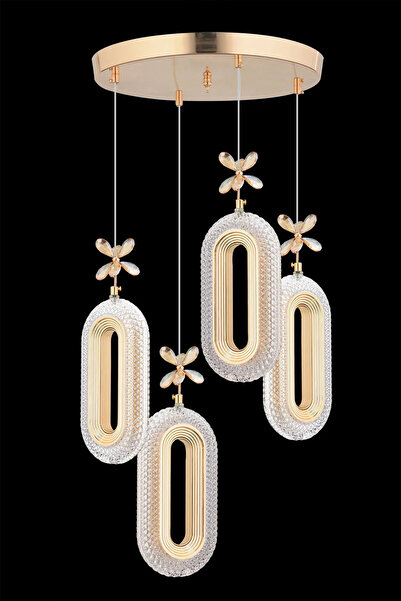 Roque Eclipse Model 4'lü Gold 3 Renk Modu Ledli Kristal Taşlı Modern Salon Mutfak Oturma Odası Led Avize