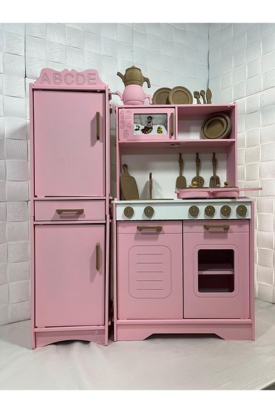 Özka Hobi Ahşap Ozka Toy Pink Drawer Refrigerator with Pots and Pans Set (14 Piece Service Set with Gift)