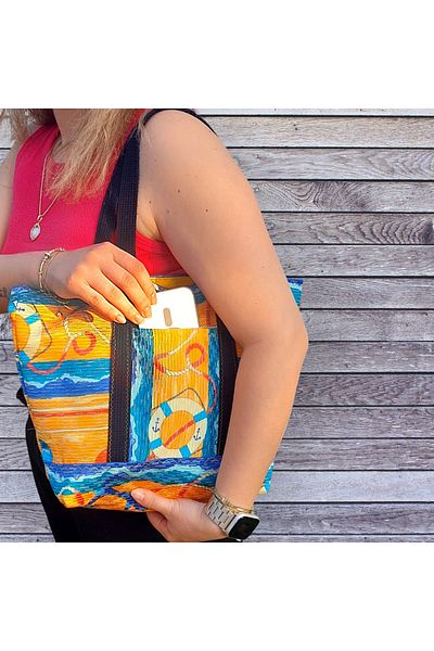 Mio Vero Medium Size Totebag Women's Shoulder Bag – Double Pocket Cotton Lining, Vibrant Beach Pattern