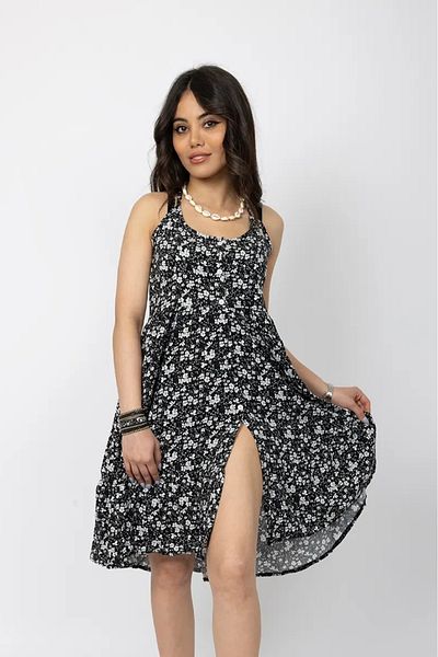 Stil Sepeti Women Black Floral Patterned Strap Buttoned Slit Detail Mini Dress Tll-1000546120