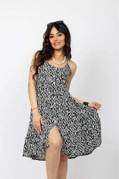 Stil Sepeti Women Black White Floral Patterned Strap Buttoned Slit Detail Mini Dress Tll-1000546120