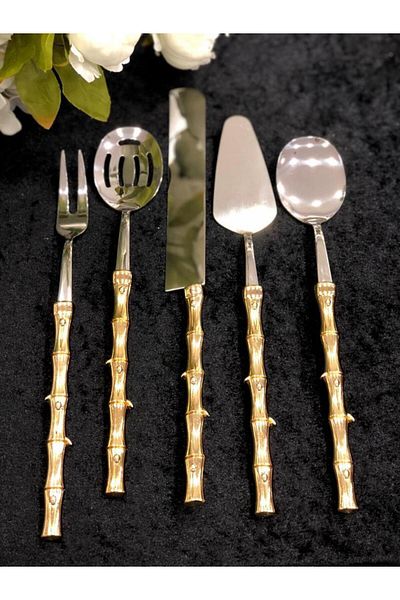 ROSSEV Bamboo Handle Gold Serving Spoon Set 5 Pieces