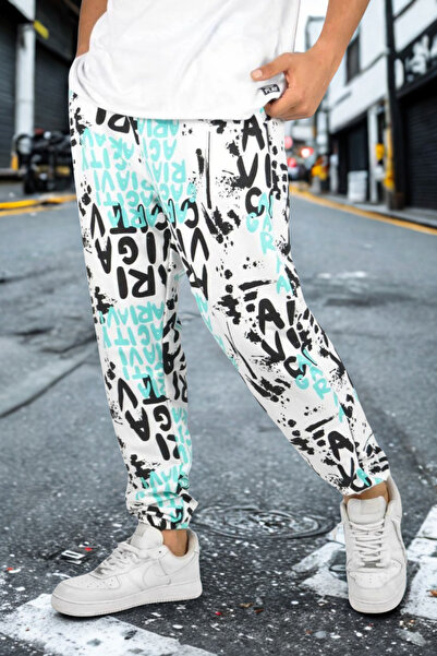 SUPERBLUE Erkek Yazı Desenli Esnek Bol Beyaz Jogger Pantolon