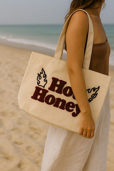Rell Home Hot Honey Text Patterned Punch Embroidered Summer Bag Beach Bag 45X32 cm