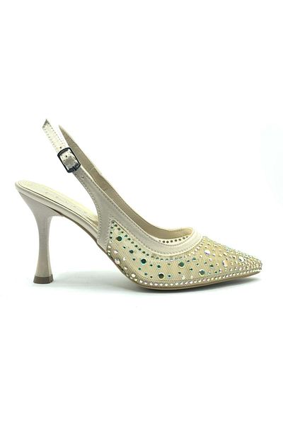 KOCAMANLAR Feles Open Back Transparent Stone Detailed Cinderella Women's Heeled Shoes Gold