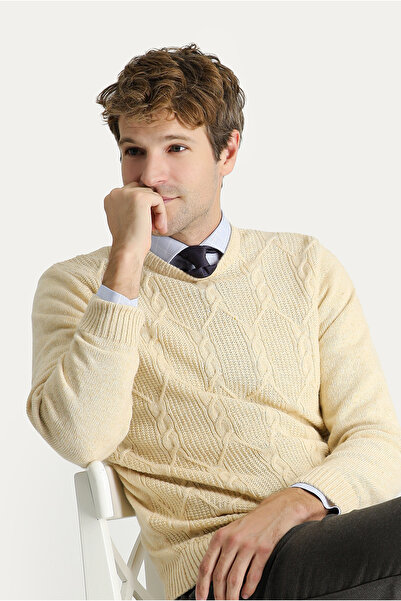 Kiğılı Bisiklet Yaka Slim Fit Dar Kesim Yünlü Desenli Pamuklu Triko Kazak