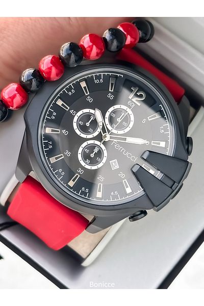 Ferrucci Red Silicone Cord, Large Case (56mm) Sports Model Men's Wrist Watch with Calendar + Bracelet
