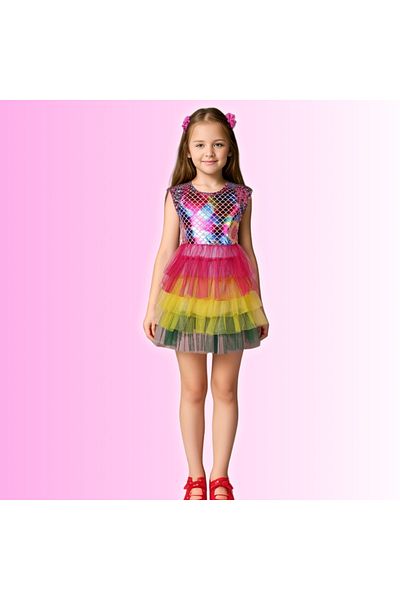 darko Colorful Fish Scale Pink Yellow Red Mermaid Tutu Girl's Mermaid Dress Costume Multicolor
