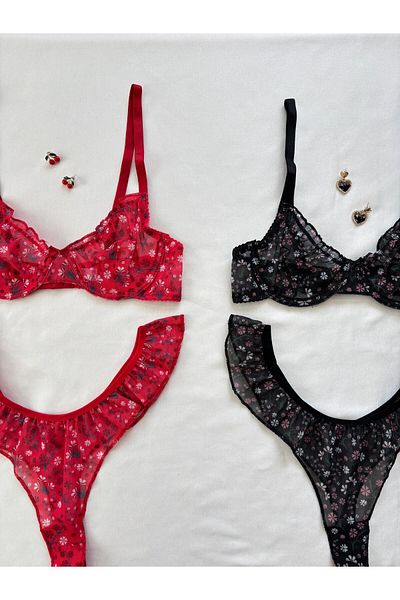 İNKO İÇ GİYİM Floral Underwire Tulle Bra Thong Set