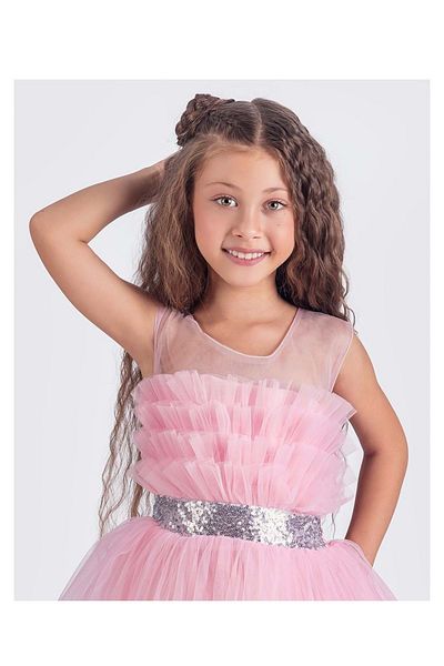 Mnk Baby&Kids Rochie de seara din satin pentru fete din tul cu model sapes roz - MNK0618
