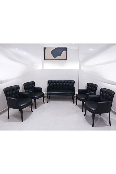 Garden House Office Siyah Deri Gürgen Ayaklı Pera Ofis Koltuk Takımı Kuaför Bekleme Koltuk Takımı Ofis Mobilyası