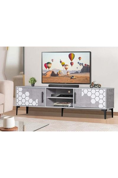 Generic Rectangular TV Table 160 cm with 2 Storage Drawers and Shelves - Grey and White