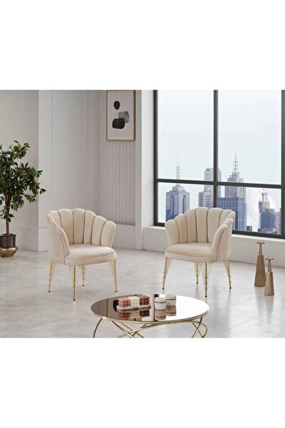 GARDEN HOUSE Krem Renk Kumaş Metal Ayak Papatya Çay Seti Koltuk Takımı Bekleme - Ofis Koltuk Takımı