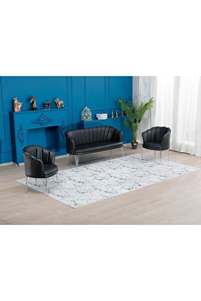 GARDEN HOUSE Siyah Renk Deri Gümüş Metal Ayak Papatya Ofis Koltuk Takımı Kuaför-bekleme Koltuk Takımı