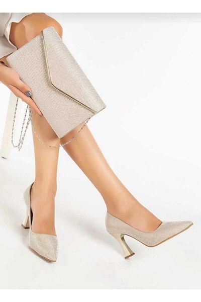 FHM AYDOGDU Gold Glitter Sparkly Heeled Shoes with Bag - 10320