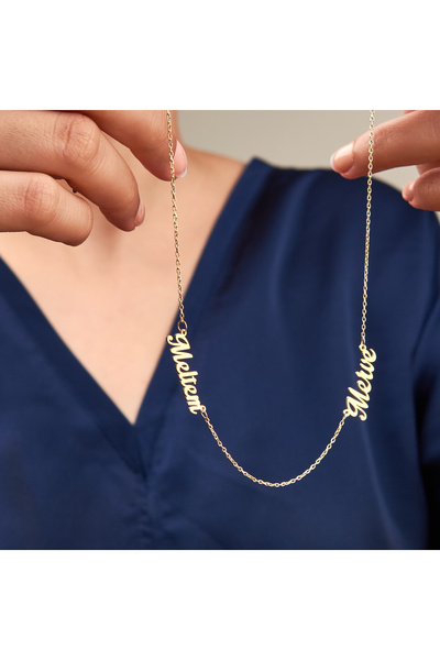 Siset Gümüş 925 Ayar Sarı Altın Kaplama Meltem  ve Merve Yazılı Çift İsimli G...