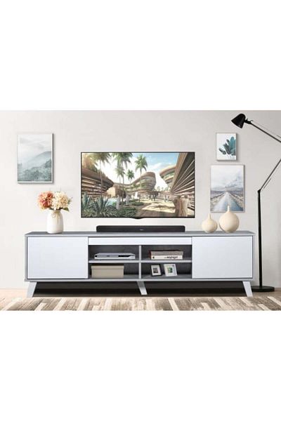 Generic TV Table with 4 Shelves, Malaysian Wood, 160 cm, Gray and White