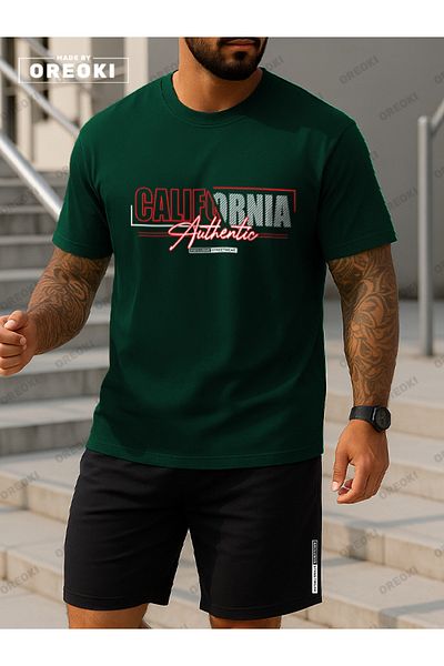 EFFRENATU California Authentic Printed Cotton Fabric Men's Forest Green T-Shirt-Black Shorts Set