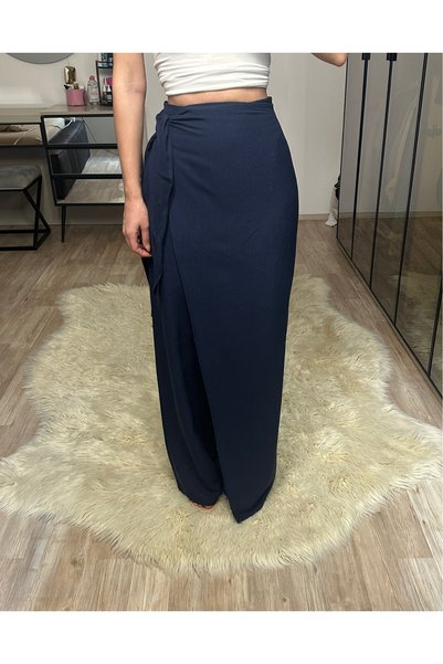 NET OF NOT Isla Navy Blue Bamboo Linen Adjustable Belted Trousers with Flap Front and Back Suitable for Hijab